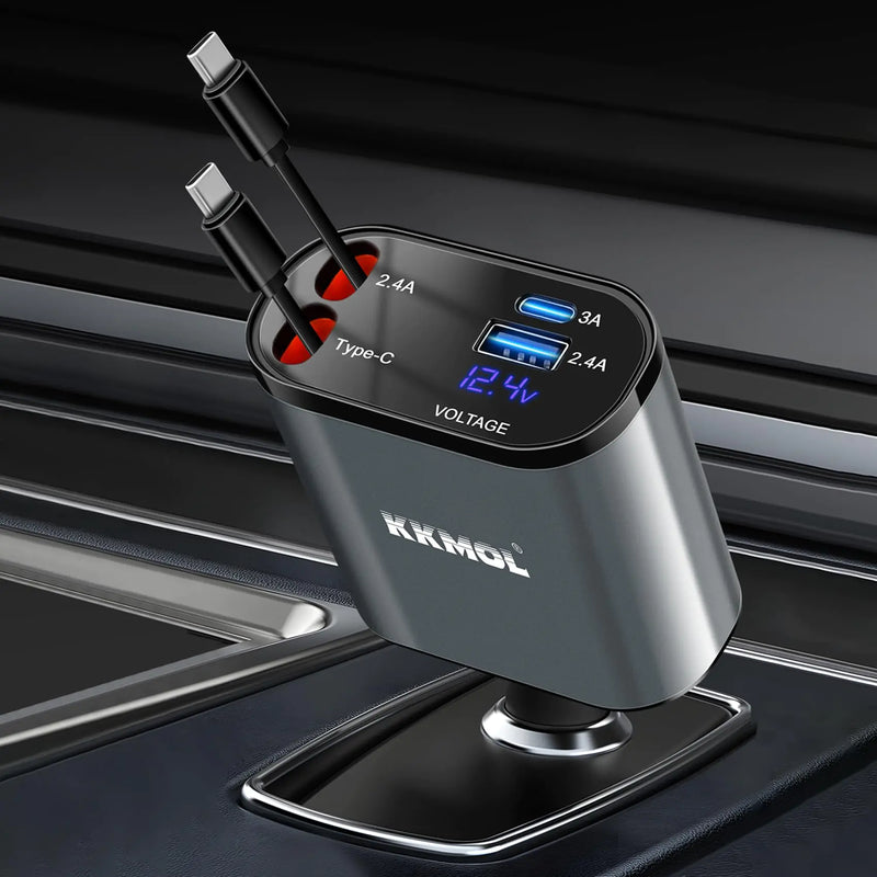 Retractable car charger with USB and Type C ports 